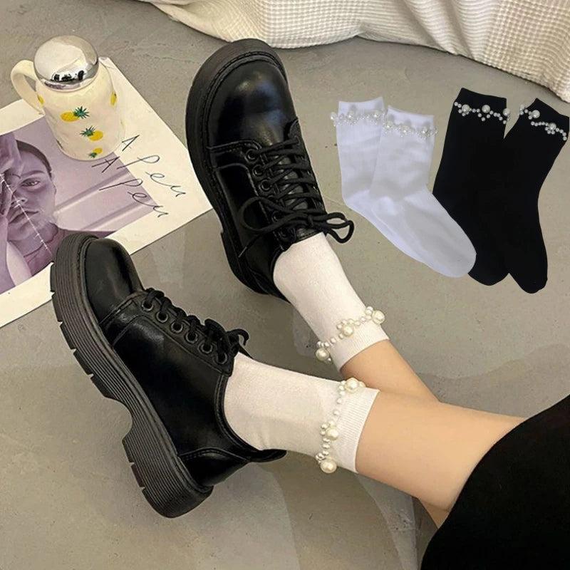 2 Pairs Fashion Four Seasons Black White Solid Color Stacked Women's Socks Pearl Women's Socks Ins Cute Sweet Middle Tube Socks